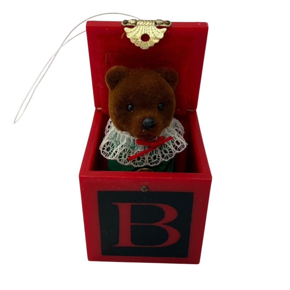 Dept 56 Vintage Christmas Ornament Flocked Teddy Bear in Red Alphabet Block Toy